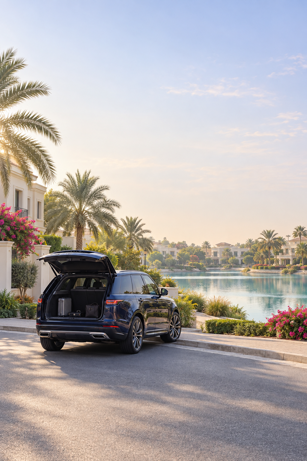 Blue car parked on a villa driveway in Jumeirah Islands