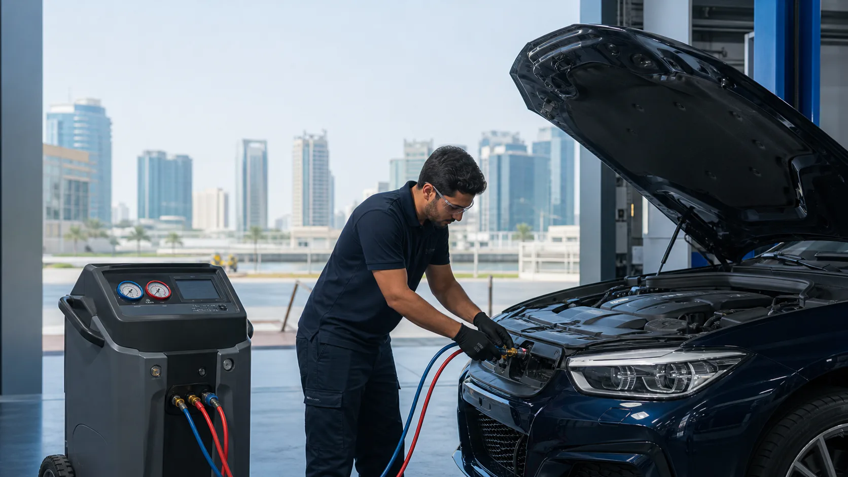 Technician carrying out ac gas refilling for a Jumeirah Islands villa owner