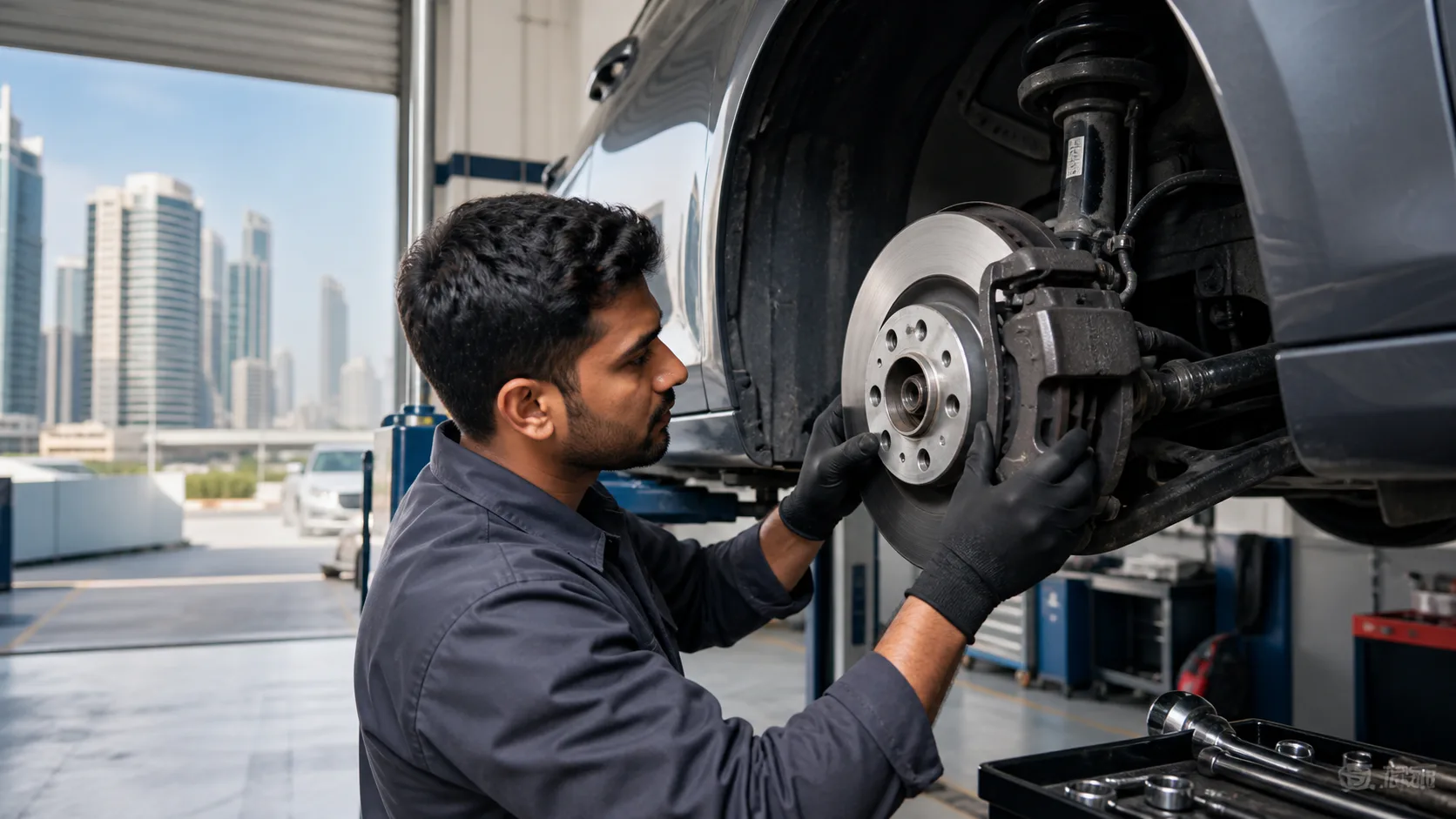 Technician carrying out brake pad replacement for a Jumeirah Islands villa owner
