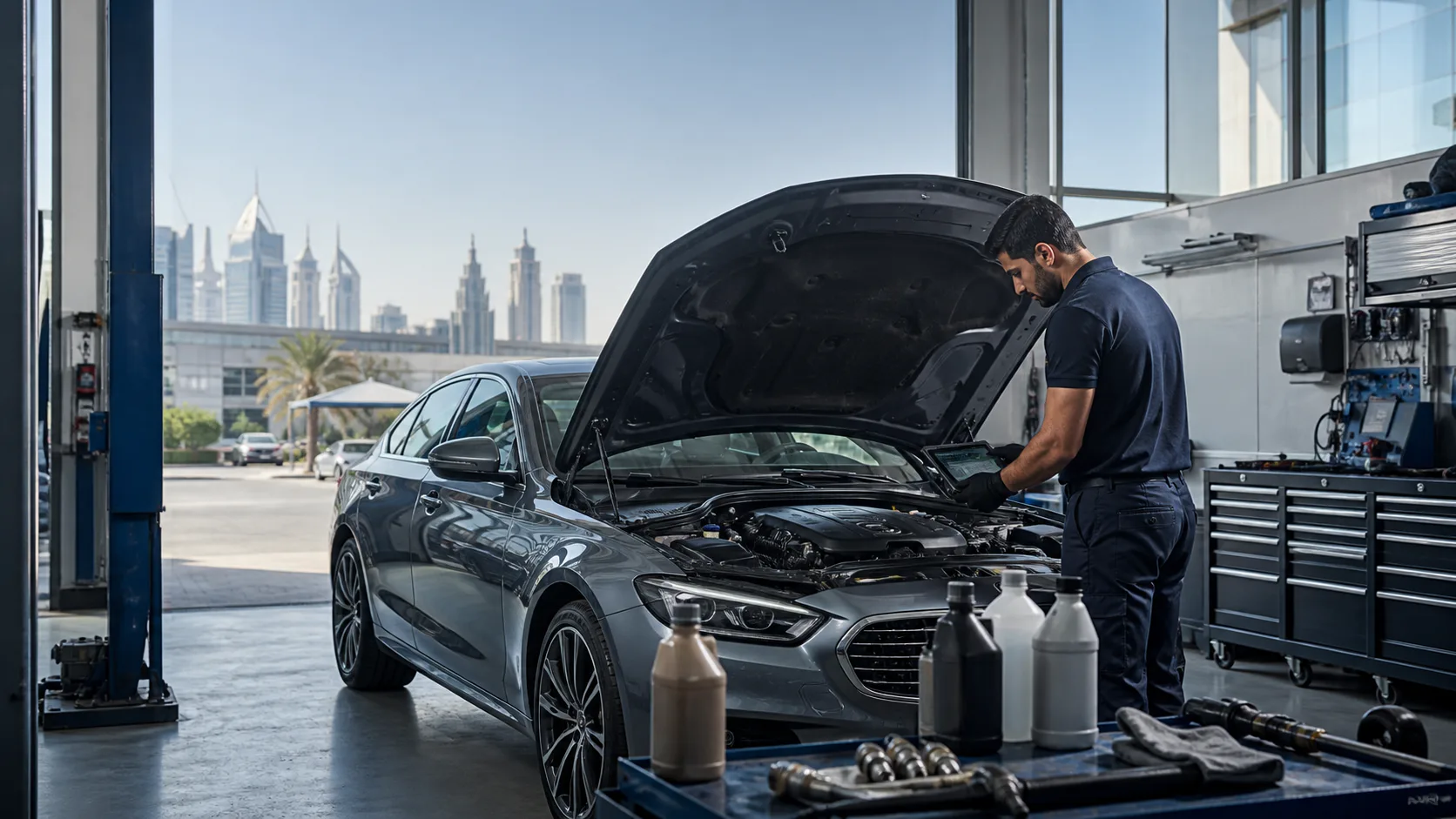 Technician carrying out car maintenance for a Jumeirah Islands villa owner