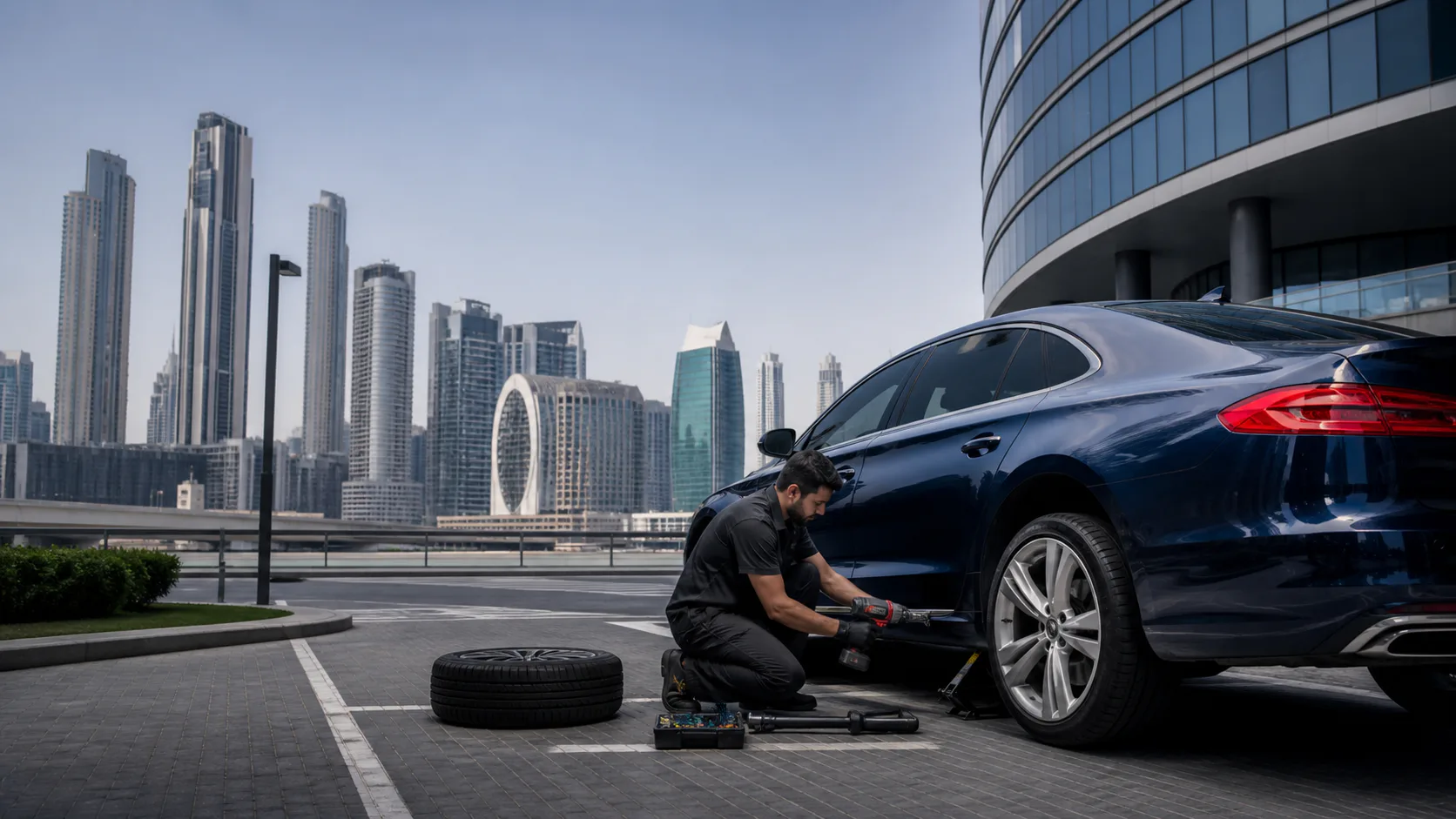 Technician carrying out flat tyre fix for a Jumeirah Islands villa owner