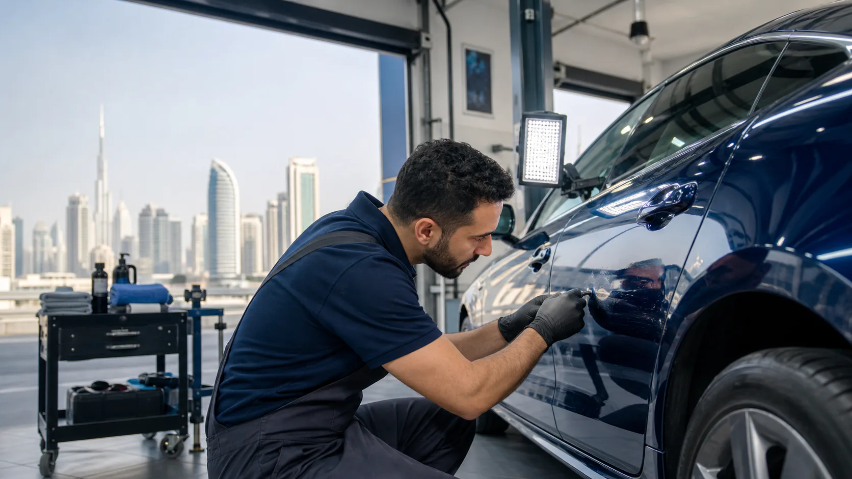 Technician carrying out scratch repair for a Jumeirah Islands villa owner