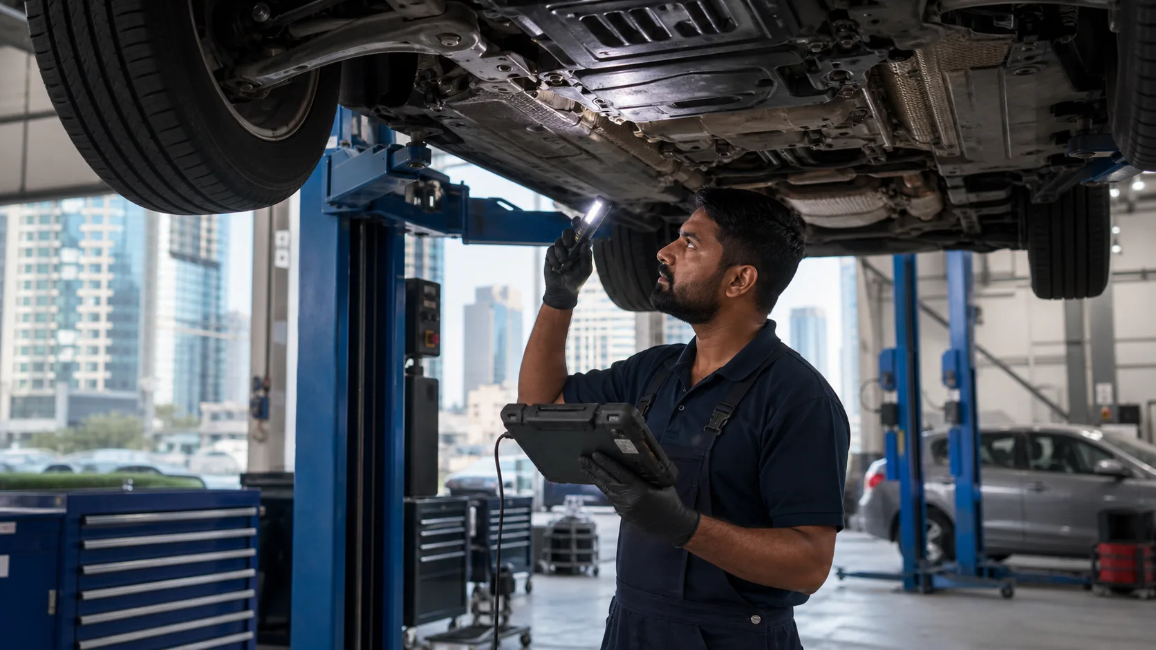 Technician carrying out transmission repair for a Jumeirah Islands villa owner