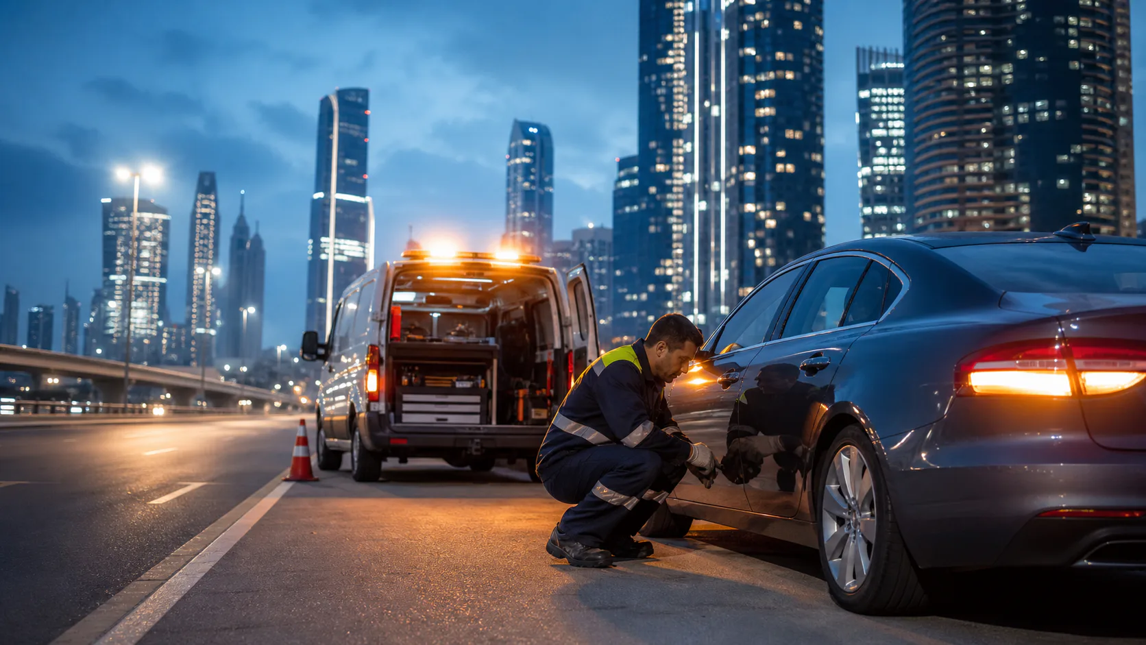 Technician carrying out 24/7 car roadside assistance for a Jumeirah Islands villa owner