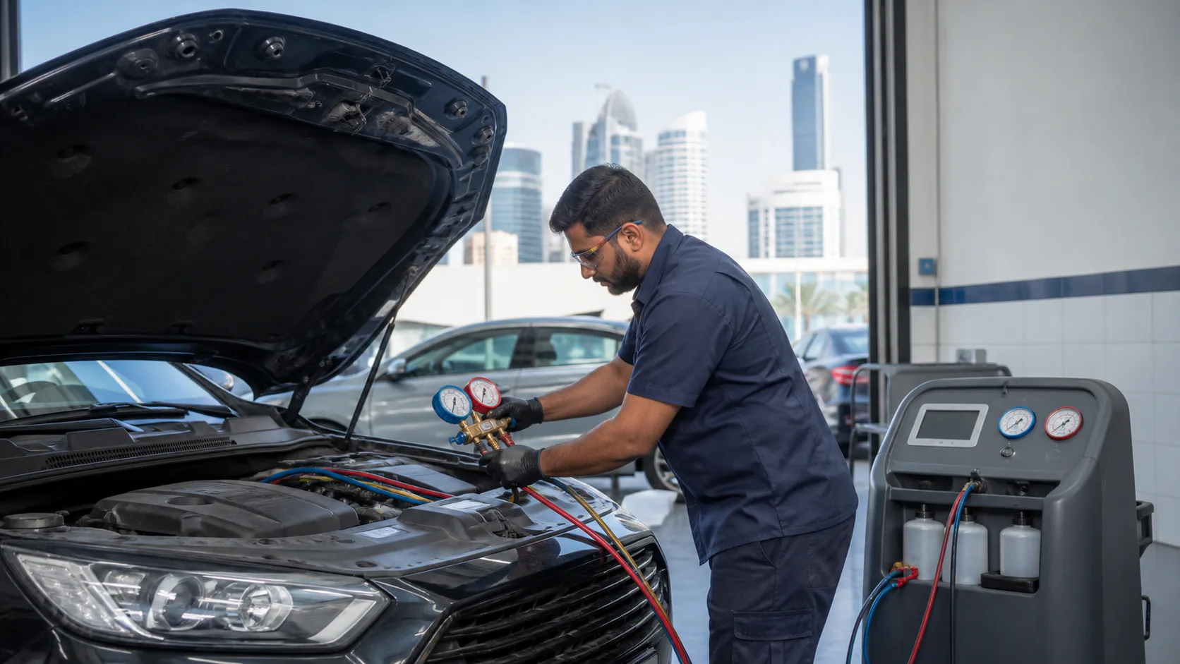 Technician carrying out ac repair for a Jumeirah Islands villa owner
