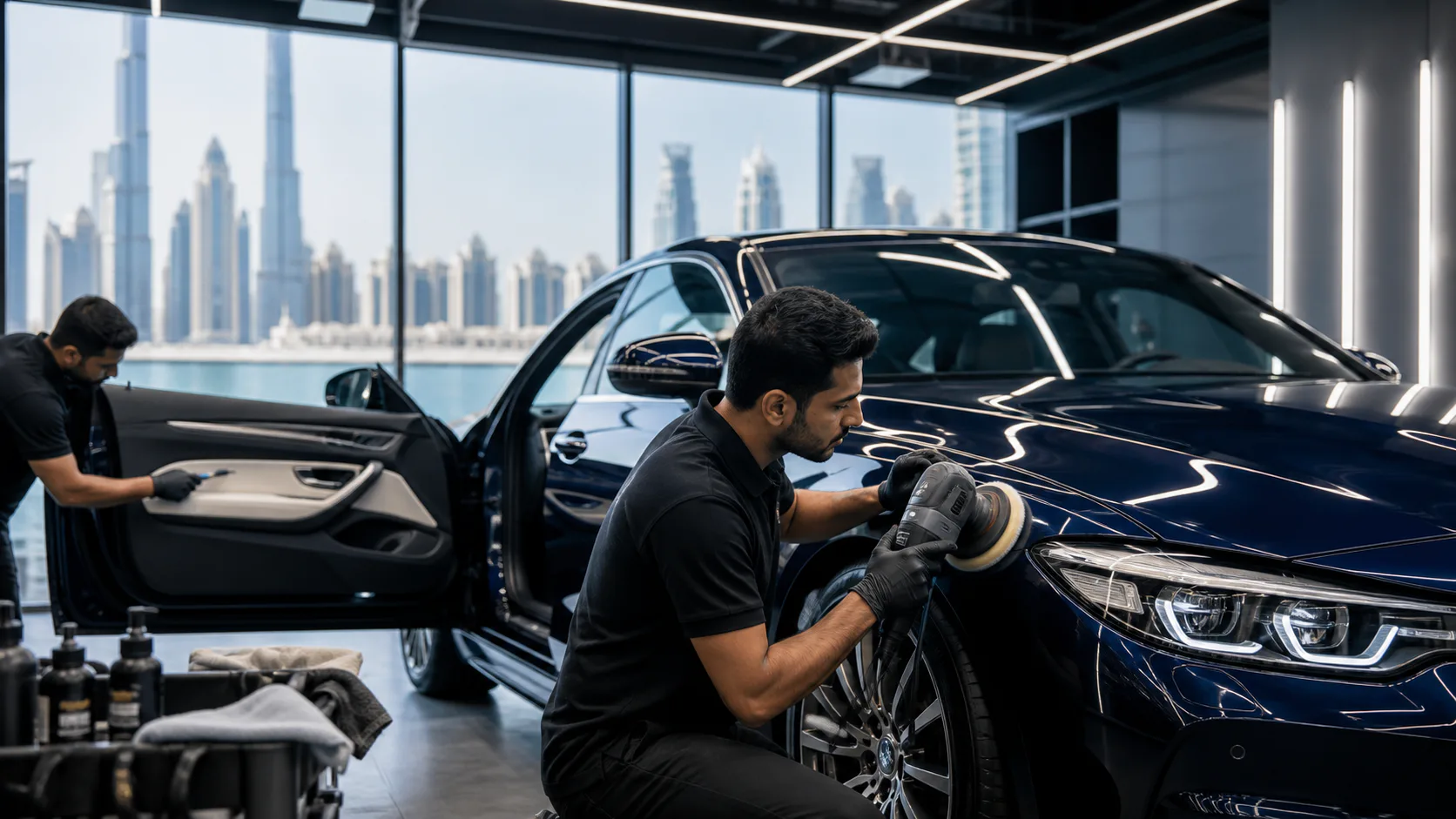 Technician carrying out car detailing for a Jumeirah Islands villa owner