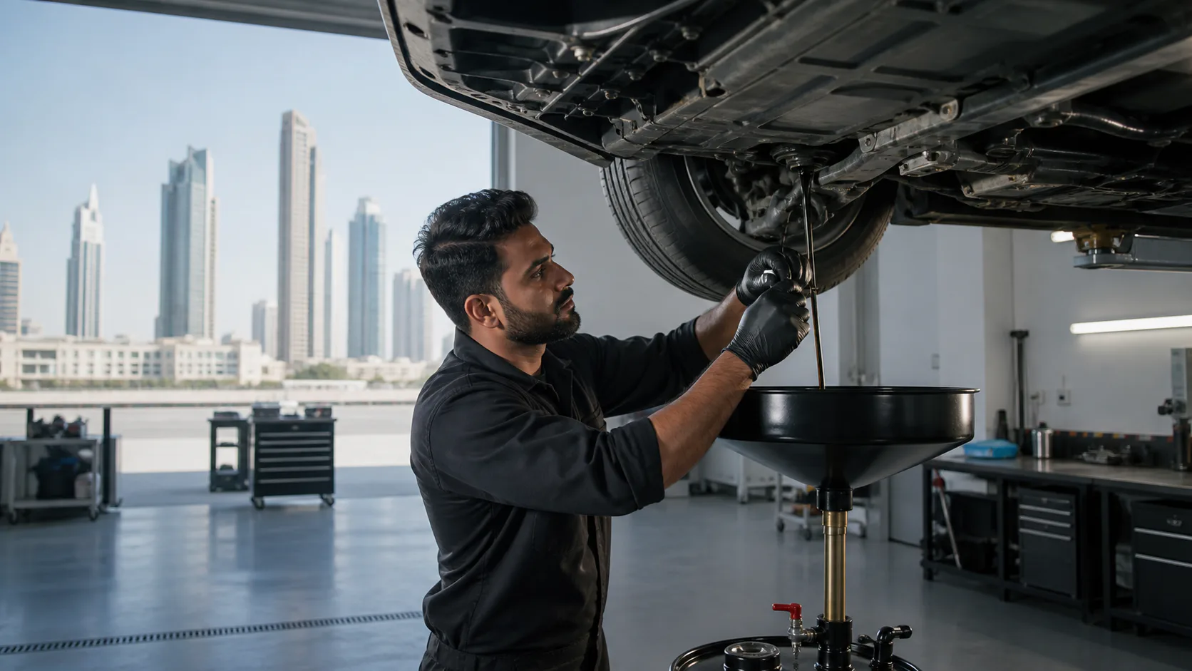 Technician carrying out oil change for a Jumeirah Islands villa owner