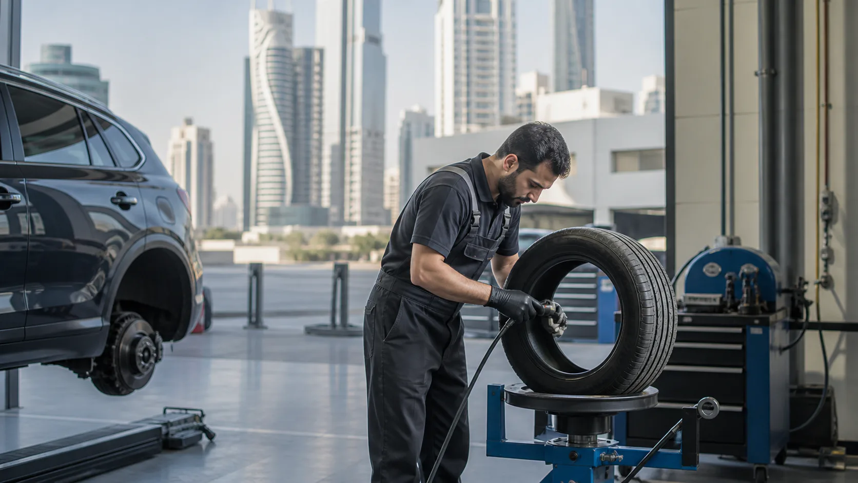 Technician carrying out tyre puncture and repair for a Jumeirah Islands villa owner