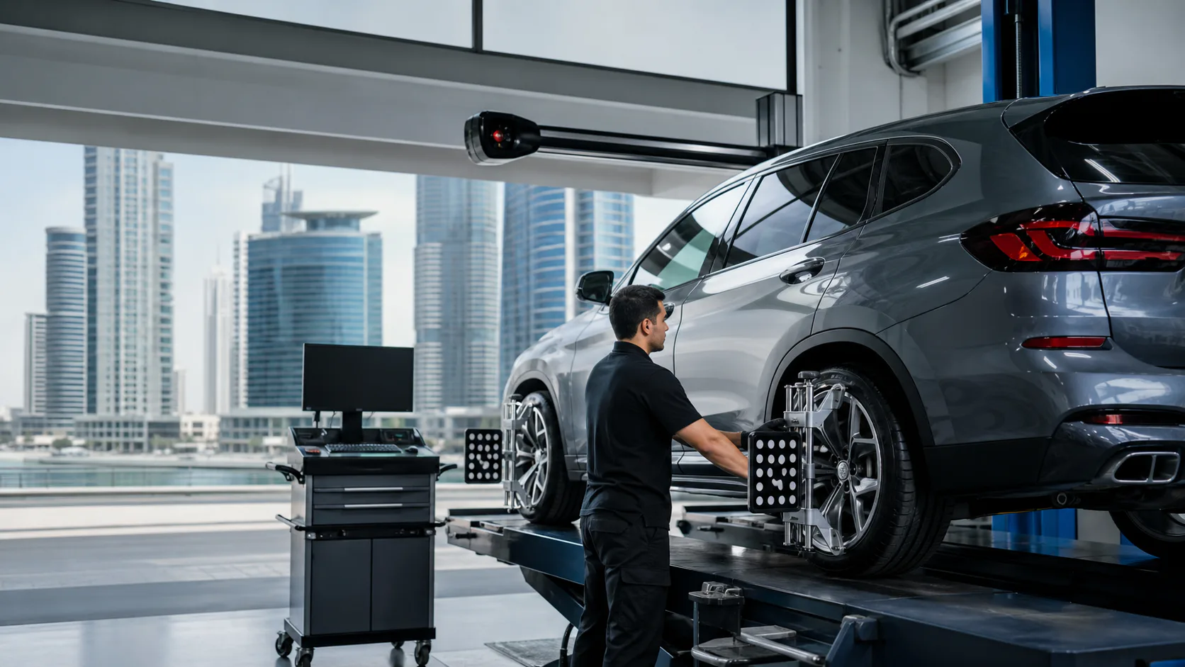 Technician carrying out wheel alignment for a Jumeirah Islands villa owner